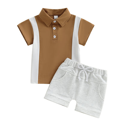 Boys' Lapel Color Matching T-shirt Short Sleeve Shorts Suit