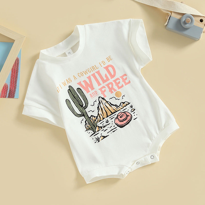 Girls' Fashion Cactus Print Round Neck Jumpsuit